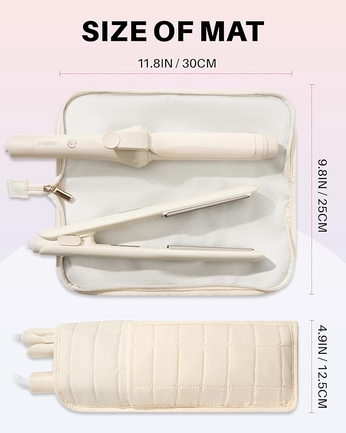 Hot Tools Travel Case with Heat Resistant Mat Pouch Large Hair Tool Organizer Bag for Curling Iron Flat Iron Hair Dryer Hot Air Brush Water Resistant Makeup Bag Gift for Women Beige