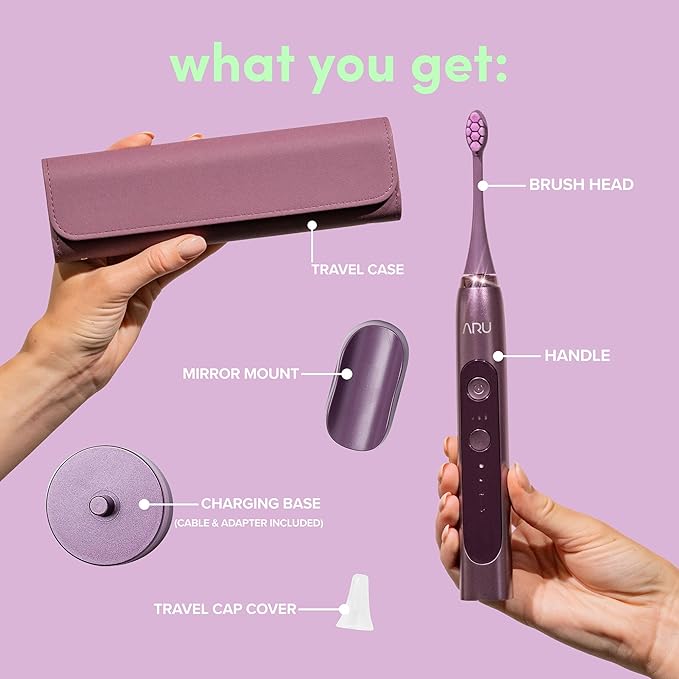 ARU Sonic Toothbrush Starter Kit with Customizable Modes and 2 Minute Timer ADA-Approved Electric Toothbrush for Adults Soft Toothbrush for Gums 45+ Days Battery Travel Case Amethyst Purple