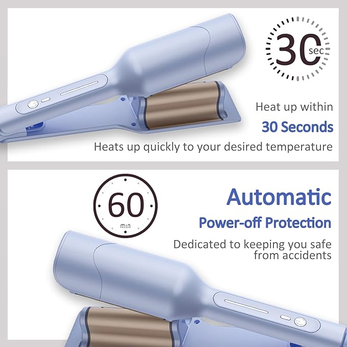 Ionic Wave Curling Iron Hair Crimper with 3 Adjustable Temperatures for Women Fast Heating Anti-Scald Hair Tool with Intelligent Power Off for Beach Waves and Curls (Blue)
