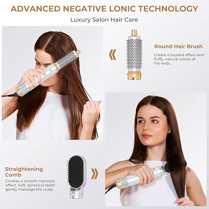 Hair Dryer Brush 5 in 1 Blow Dryer Brush Set Auto Wrap Curlers for Frizz-Free Volume Smooth Hair Damage Hair Styling Tools Gift for Drying Curling Straightening (Platinum)
