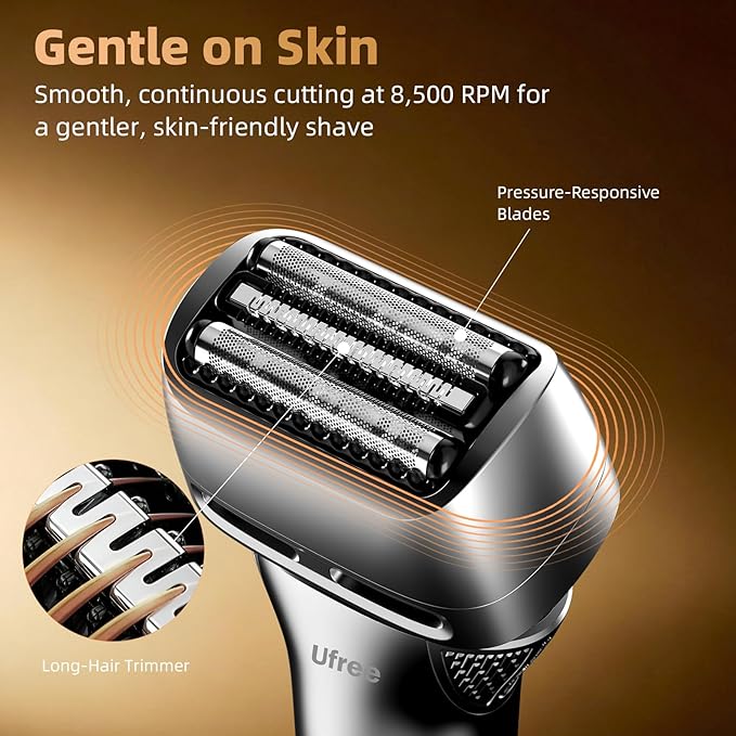Ufree Foil Shaver with Pop-Up Trimmer 8500 RPM Electric Razor for Men Wet &amp Dry Electric Shaver with 2 Speed Modes LED Display Rechargeable Cordless IPX7 Waterproof Silver