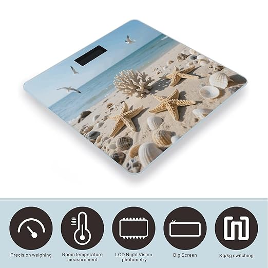 Sea Shells and Starfish Weight Scale Cute Bathroom Scale for Body Highly Accurate Digital Weighing Machine for People Compact LCD Display Scales with Sturdy Toughened Glass Scales