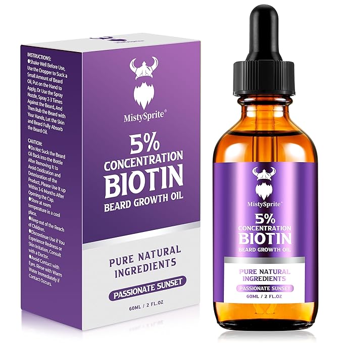 Beard Growth Oil - 5% Concentration Biotin Beard for Men (2 oz) - Natural Mens with Argan Oil Jojoba Oil and Vitamin Growth Softener Moisturizer (Passionate Sunset)