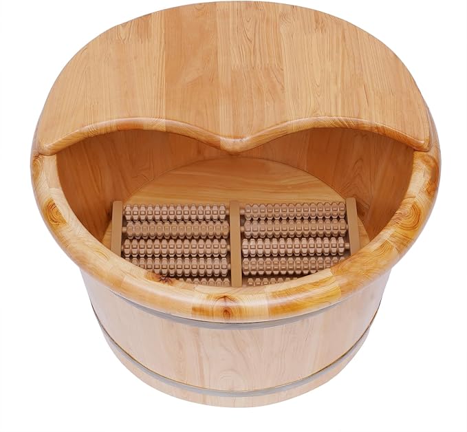 Wooden Foot Bath Barrel Foot Tub with Massager and Lid 9-Inch Deep Basin for Comfort and Relaxation Pedicure Barrel for Foot Bath Soak Massage Spa