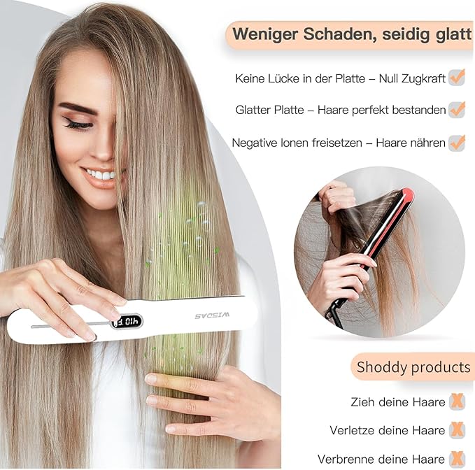 Cordless Hair Straightener 2-in-1 Straightener &amp Curler with 6 Temperature Settings Negative Ions USB Rechargeable for Travel（White）