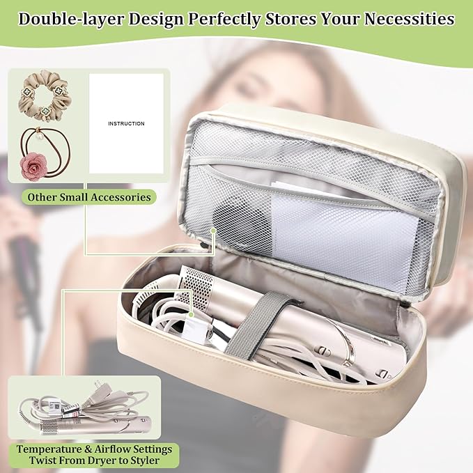 Travel Carrying Case for Shark Flex Style Double Layer Storage Case for Shark SpeedStyle Hair Dryer Attachments Waterproof PU Leather Organizer Bag for Shark Airwrap Styler (Gray&ampWhite)