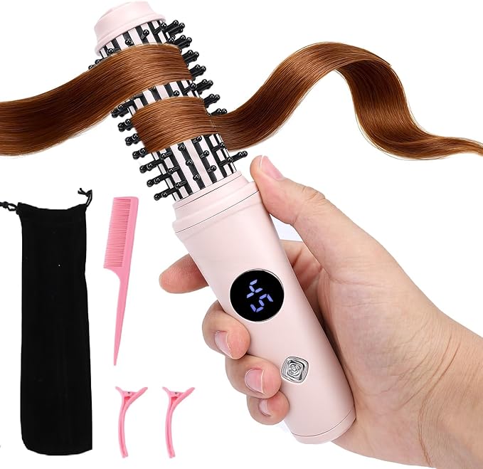 Cordless Curling Iron Brush for All Hairs Hot Hair Comb for Travel USB Recharged Ceramic Curling Wand Electric Heated Round Brush with 10 Temp Mini Dual Straightener Tools for Short Long Hairs