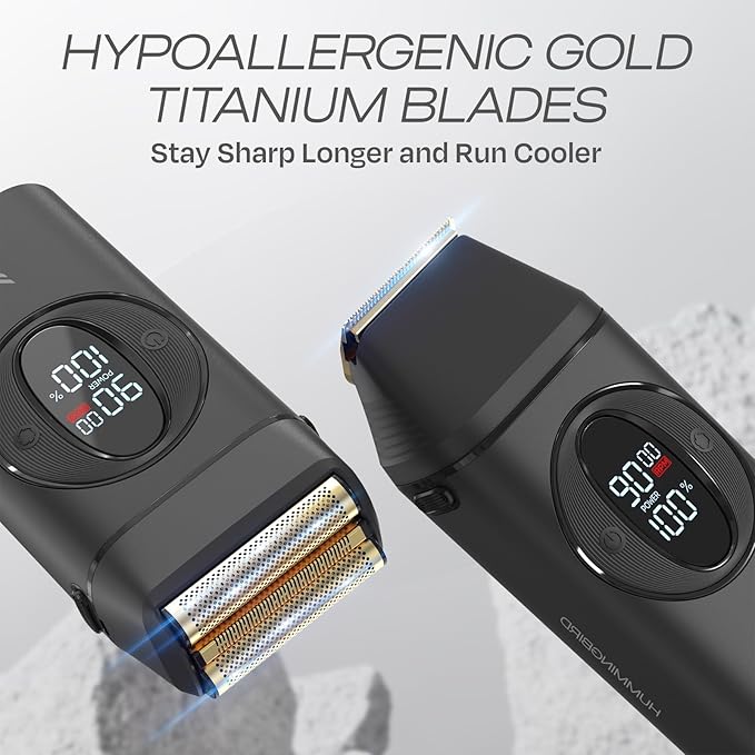 HUMMINGBIRD MK17 DualPro Foil Shaver &amp Beard Trimmer for Men – Gold Titanium Blades Digital Display Wet/Dry USB-C &amp Wireless Charging Dock with One Additional Foil Replacement Blade