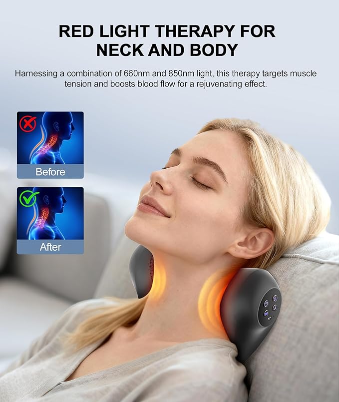 RINGCO Neck Massager with Heat Red Light &amp Vibration Adjustable Heated Neck Stretcher with 3 Modes Rechargeable Cervical Traction Device for Pain Relief &amp Muscle Relaxation Gift for Women
