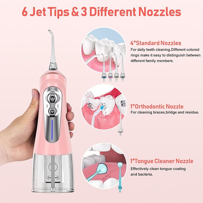 NBGRLVS Water Dental Picks for Teeth Cleaning6 Modes 6 Tips and Storage Case Water Dental Flossers Cordless 320ML IPX 7 Waterproof Rechargeable Portable Electric Dental flosser for Trave Home (Pink)