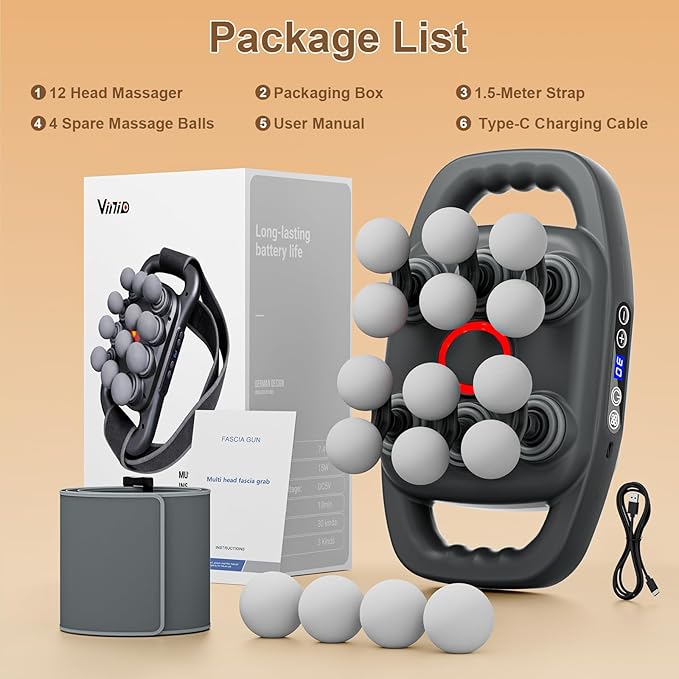 Vinid Cordless Neck and Back Massager with Heat 12 Professional Massage Heads 30 Adjustable Intensity Levels 3 Massage Modes for Deep Tissue Relief Includes Bonus 4 Heads &amp Shoulder Strap