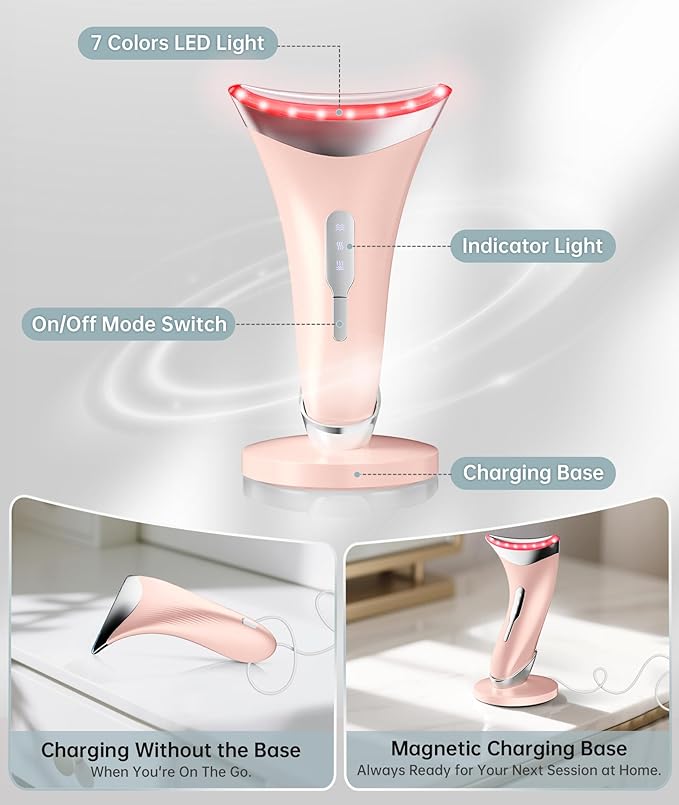 7 Color Light Therapy Facial Massager with Adjustable Vibration and Thermals for Wrinkles Double Chin Red Light Skin Care Tool with Base Pink