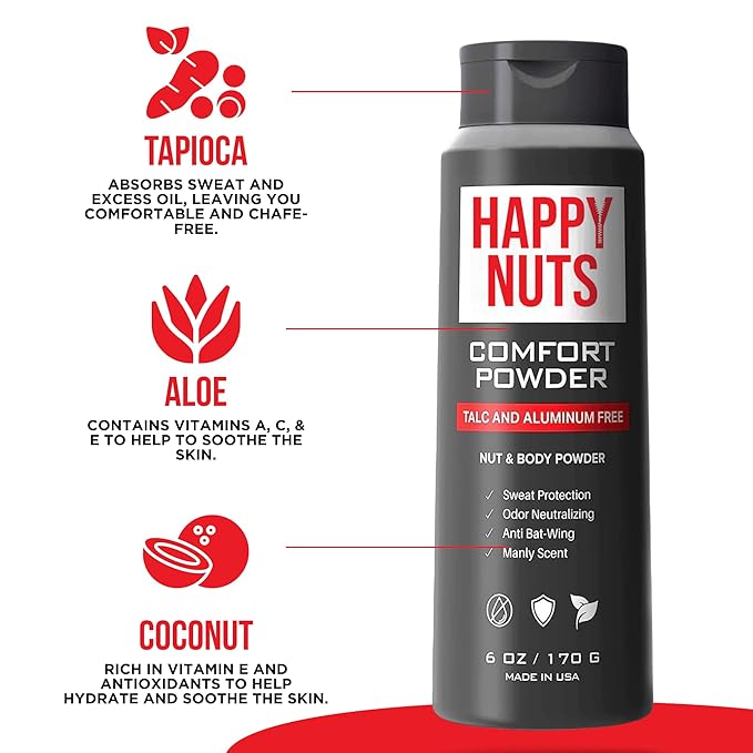 Happy Nuts Comfort Cream Powder and Body Wash Bundle - Anti-Chafing Sweat Defense and Men's Shower Gel Body Wash
