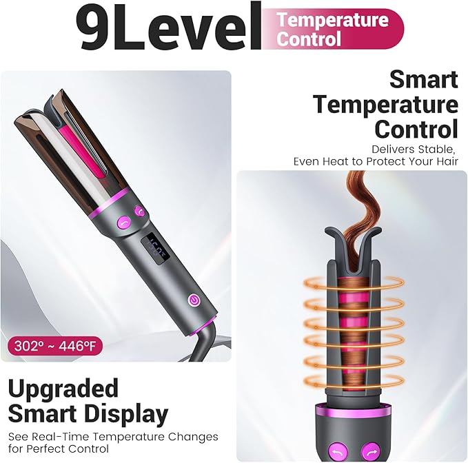 Negative Ion Automatic Rotating Curling Iron – Smart Tangle-Free Dual Voltage Anti-Scald Portable Ceramic-Coated Auto Hair Curler for Travel &amp Home Use（1inch