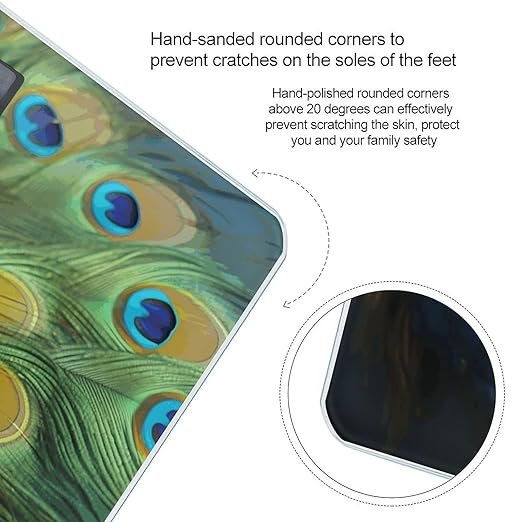 Peacocks Feather Scale for Body Weight Anti-Slip Tempered Glass Digital Bathroom Scales Clear LCD Display Weighing Scale Safe Rounded Corners Smart Scales