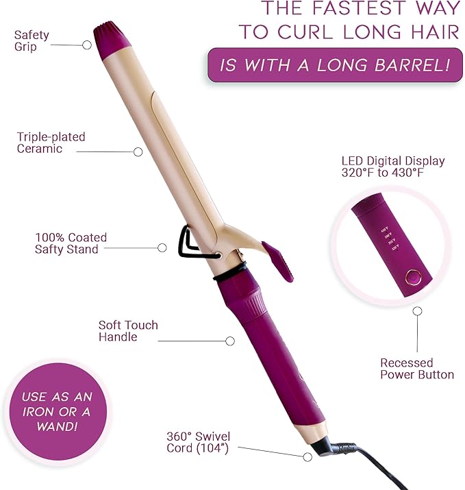 Mr Big Curling Iron Goddess XL Curling Iron - 9.5 Barrel 1.25 Ceramic Triple-Plated Dual Voltage Multiple Heat Settings for All Hair Types Longest Lasting Beachy Waves Perfect for Travel