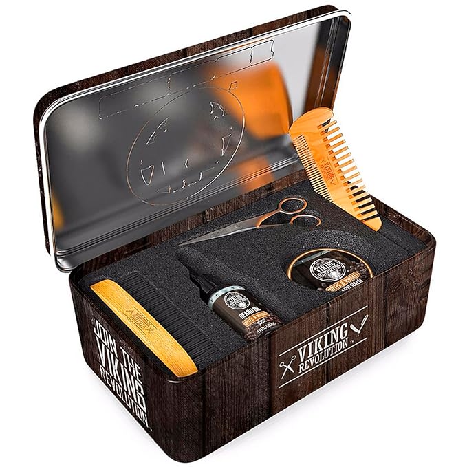 Viking Revolution - Ultimate Beard Kit Coffee and Whiskey - Beard Grooming Kit for Men with Beard Brush Beard Comb Beard Balm Beard Oil Beard and Moustache Scissors - Husband Gifts for Men