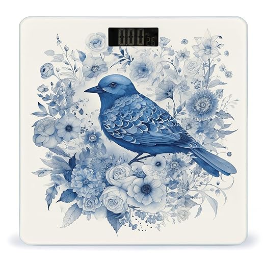 Bluebird and Flowers Scale for Body Weight Highly Accurate Digital Bathroom Scale Sturdy Tempered Glass Weighing Scales with LCD Display Fashion Body Fat Smart Scales 400lb