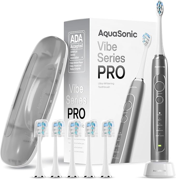 Aquasonic Vibe Series PRO – Ultra-Whitening Electric Toothbrush – 5 Modes &amp Smart Timers – Premium Travel Case &amp 6 Proflex Brush Heads – ADA Accepted Toothbrush (Charcoal Metallic)