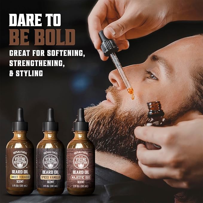 Viking Revolution Beard Oil for Men 3 Pack - Natural Mens Beard Oil Variety Set - Spiced Vanilla Sweet Tobacco Majestic Oud - Beard Conditioning and Moisturizing for a Healthy Beard (3 Pack 1oz)