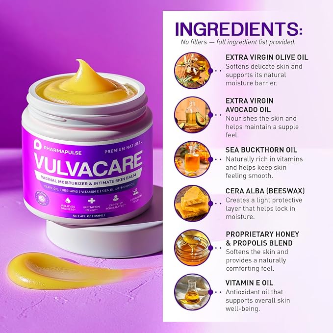 Pharmapulse Organic Vaginal Moisturizer Vulva Balm Cream Intimate Skin Care Menopause Support - Relieves Dryness Itching Burning Redness Chafing Odor Irritation - Estrogen Free 4oz