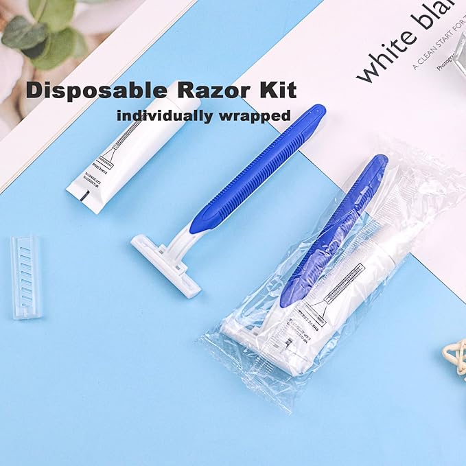 Disposable Razors in Bulk Pack of 120Blue Disposable Shaving Razors Individual Wrapped Twin Blade Bulk Disposable Razors with Clear Cap and 10g Shaving Cream for HomelessHotelTravelCharityShelter
