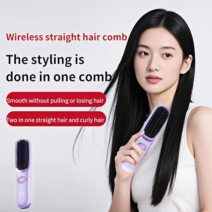 Go Brush Pro Portable Cordless Hair Straightener Brush for Travel Fast Heating Straightening Comb with LCD Display &amp °F/°C Switch Rechargeable Anti-Frizz Styling Tool for Smooth Shiny Hair (Purp