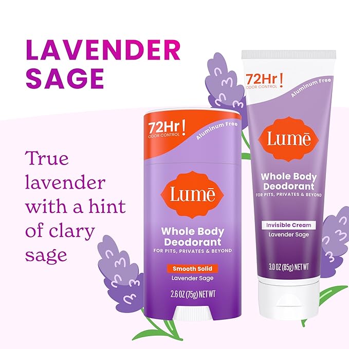 Lume Whole Body Deodorant - Invisible Cream and Solid - 72 Hour Odor Control - Aluminum Free Baking Soda Free Skin Safe - 3.0 Ounce Cream and 2.6 Ounce Solid Bundle (Lavender Sage)