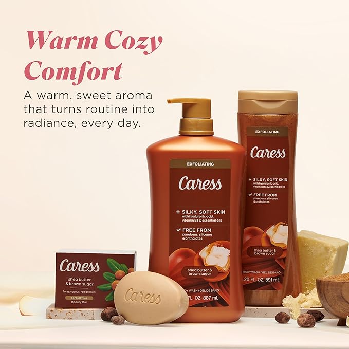 Caress Body Wash for Women Shea Butter &amp Brown Sugar Hydrating and Exfoliating Shower Gel for Gorgeous Radiant Skin 20 fl oz 4 Pack