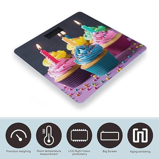 Colorful Happy Birthday Cupcakes Bathroom Scale Weight Scale for Body WeightHighly Accurate Digital Weighing Machine Clear LED Display Digital Bathroom Body Scale 400lb/182kg