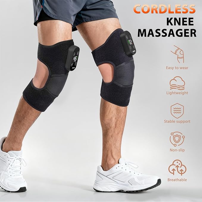 Cordless Knee Massager for Pain Relief Electric Heated Knee Warmer with 5 Heat Levels and 3 Massage Modes Portable Knee Brace Gifts for Men Women (Black(Single))