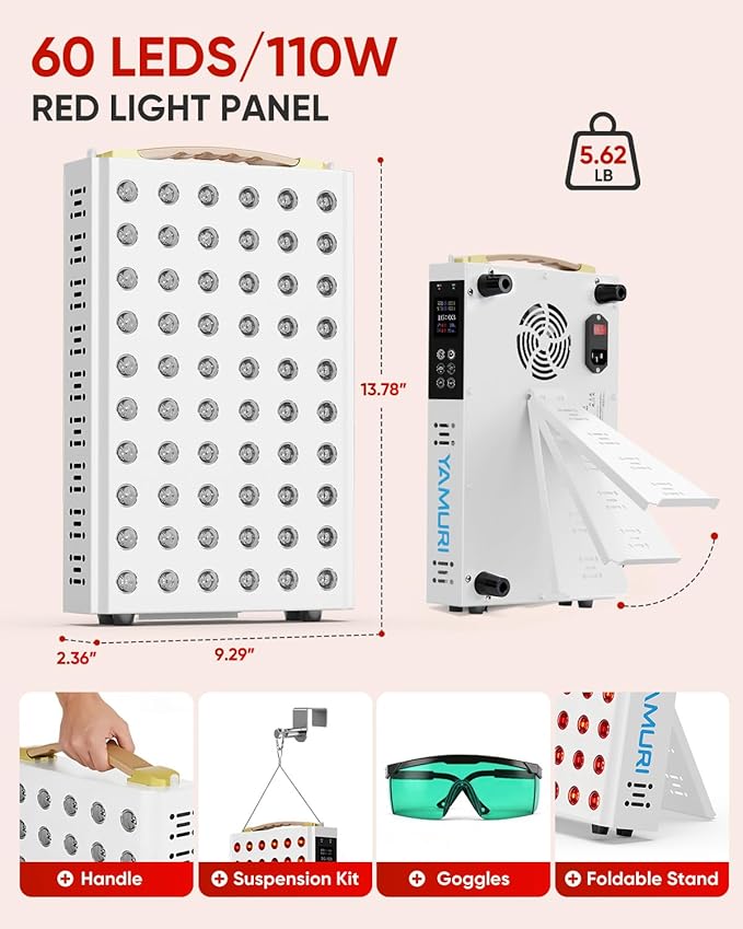 Red Light Therapy for Face 660nm 850nm Near-Infrared Light Therapy Panel for Body 110W with 60 Dual Chip LEDs 135mW/cm² High Irradiance Device for Daily Wellness &amp Relaxation at Home - YA60