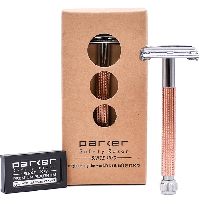 Parker 29L Rose Gold Long Handle Butterfly Open Double Edge Safety Razor for Men &amp Women 5 Parker Premium Platinum Double Edge Razor Blades Included