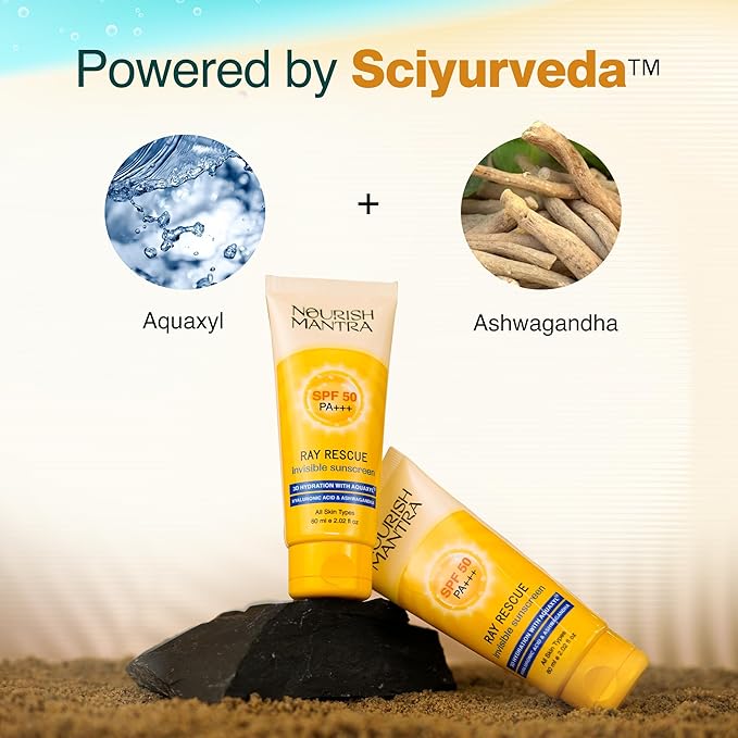NOURISH MANTRA Ray Rescue Sunscreen/Sunscreen SPF 50/ With Hyaluronic Acid Aquaxyl Aloe Vera Extracts &amp Ashwagandha Extracts/No White Cast (60 ml (Pack of 1))