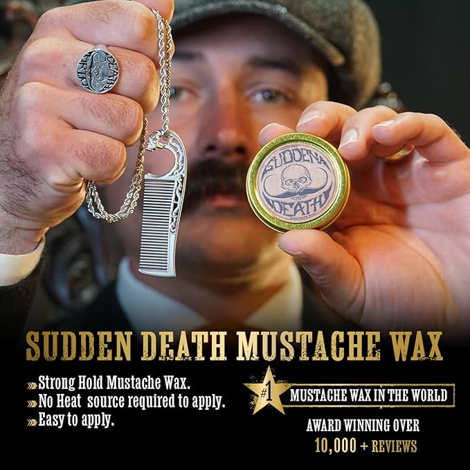 Mustache Wax Strong Hold Sudden Death 1 oz Tin &amp Necklace Death Grip Mustache Comb Mens Combo Kit - Grooming For Men Handlebar Moustache