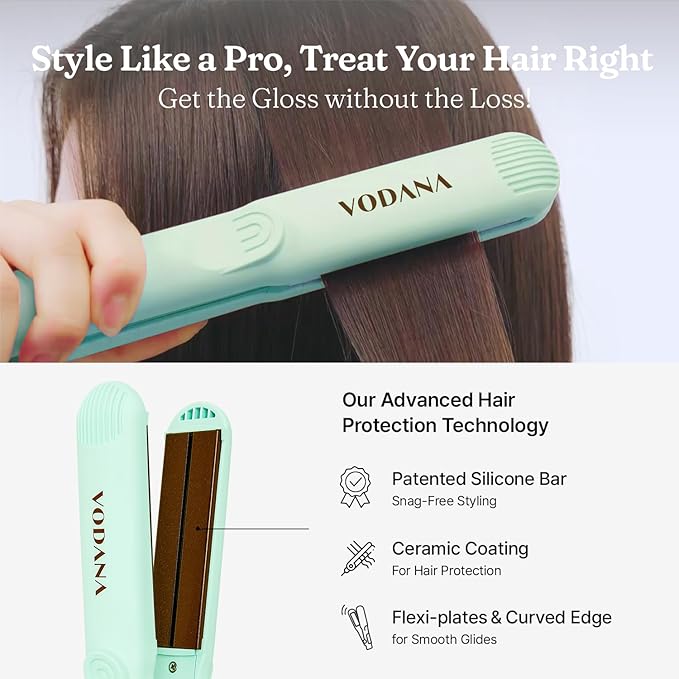 VODANA Professional Hair Irons Bundle Soft Bar Flat Iron 1 inch Mint Heat Balance Velvetshine Hair Essence