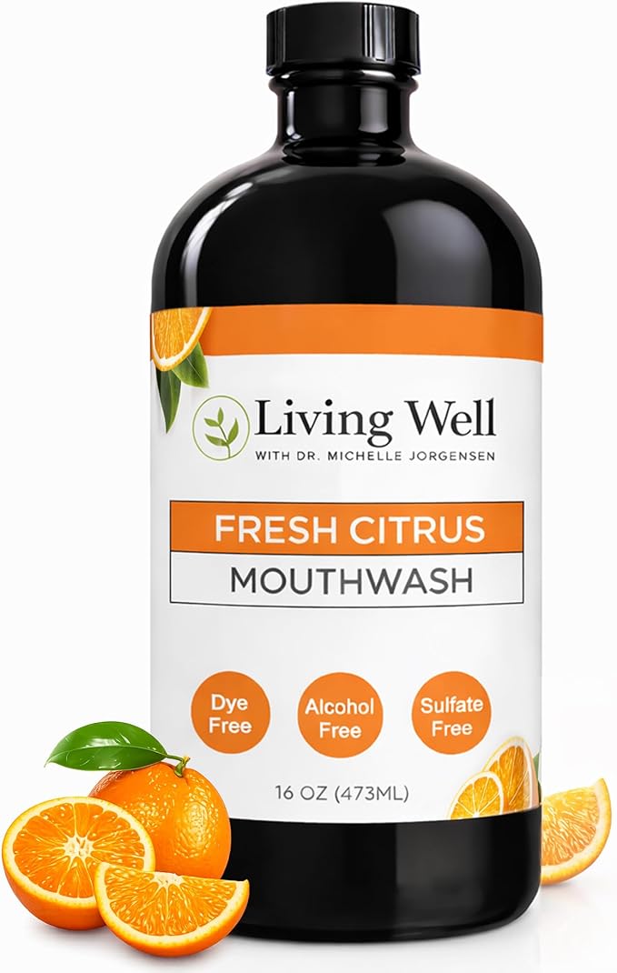 Living Well with Dr. Michelle Fresh Citrus Remineralizing Mouthwash | Hydroxyapatite &amp Colloidal Silver Formula | Alcohol-Free Natural &amp Organic | Fluoride-Free Mouth Rinse