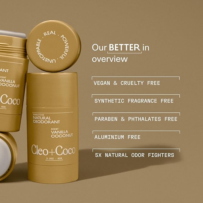 Cleo+Coco Sensitive Deodorant Balm Vanilla Coconut (2-Pack 2.2 oz Each) Aluminum-Free Baking Soda Free Natural Deodorant with 5X Odor Fighters Vegan No Synthetic Fragrance
