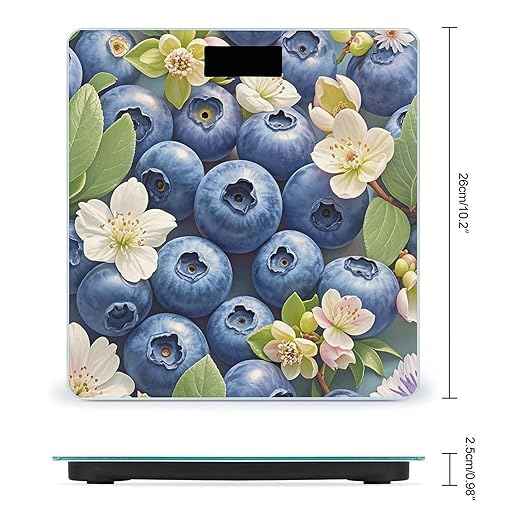 Blue Fruit Pattern Bathroom Scale for Body Weight Bathroom Weighing Scales with Back Lit LED Display Sturdy Tempered Glass Body Weight Bathroom Scale 400lb Weighing