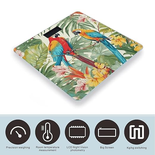 Tropical Plants and Parrots Scale with LCD Easy-to-Read Anti-Slip Weight Digital Bathroom Scale Precision Weighing Scales Sturdy Tempered Glass Body Weight Scales for Daily Use