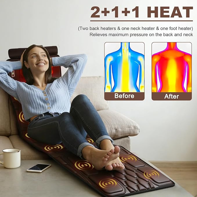 Full Body Massage Mat with Heat &amp Movable Shiatsu Neck Back Massager Pillow &amp Foot Massager Massage Mattress Pad with Top Pillow &amp Lumbar Support 12 Vibration Motors9 Massage Modes &amp