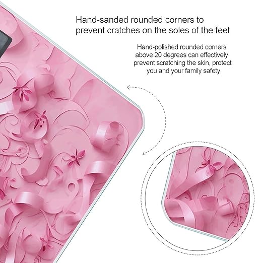Pink Ribbon Pattern Scale for Body Weight Anti-Slip Digital Bathroom Scale Sturdy Toughened Glass Weighing Scales High Precision Safe Rounded Corners Smart Scales