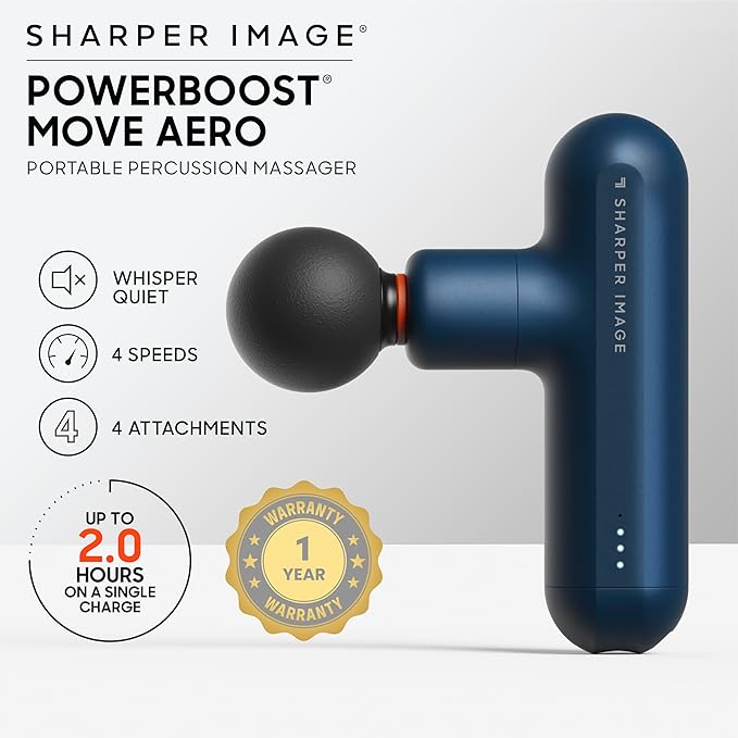 Sharper Image Powerboost Move Aero [New 2026 Version] Mini Deep Tissue Percussion Massage Gun| Muscle Recovery &amp Pain Relief Massage Tool| Full Body Back &amp Shoulder Massager| Travel Gift for M