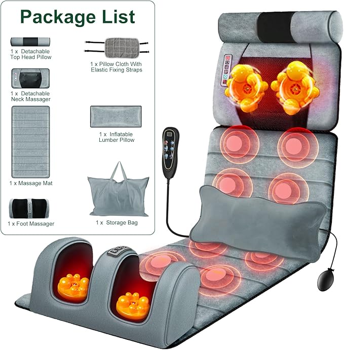 Full Body Massage Mat with Heat 10 Vibration Nodes Massage Chair Pad with 3 Heating Levels  Multifunctional Full Body Relaxation Seat Back Massager with Head Neck Foot Massage Pillow for Home Office