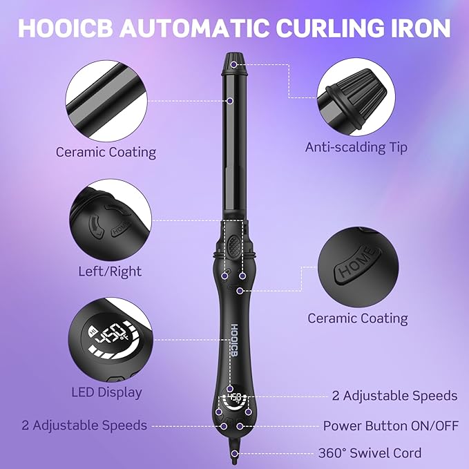 HOOICB Automatic Curling Iron 1 Hair Curler Tool with Negative Ion Function Ceramic Coating Fast Heating Suitable for All Hair Types