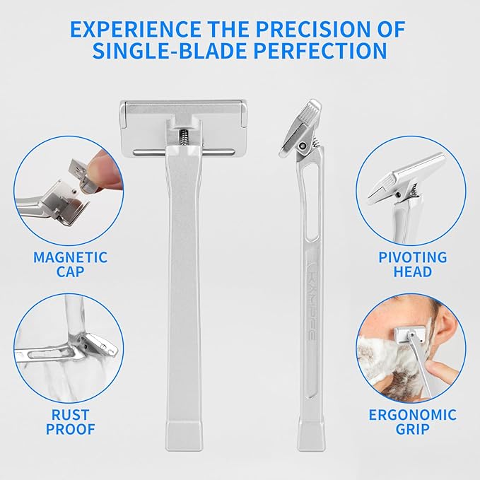 KAMPFE Safety Razor Made of 6061 Aluminum Alloy Material GEM Single Sided Safetyshaver Shaver Handle for Men with Suction Cup Holder and Safety Razor Blades