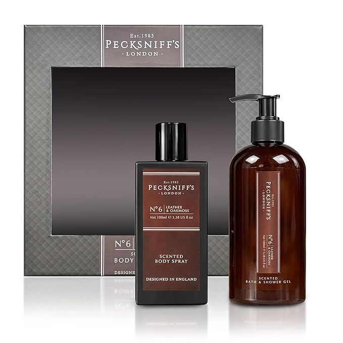 Pecksniff’s Men’s Body Duo Set – Leather &amp Oakmoss Scented Bath &amp Shower Gel 250ml &amp Body Spray 100ml – Luxury Grooming Gift Set for Him