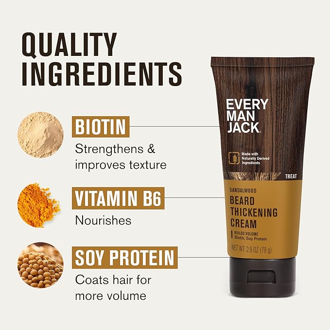 Every Man Jack Beard Thickening Cream - Strengthens Thickens Nourishes Beard - Light Sandalwood Scent - Made with Naturally Derived Ingredients like Biotin Vitamin B6 Soy Protein - 2.8oz - 2 Pack