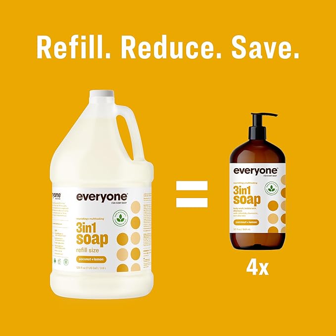Everyone 3-in-1 Soap Body Wash Bubble Bath Shampoo 1 Gallon Coconut and Lemon made with Essential Oils for Men and Women