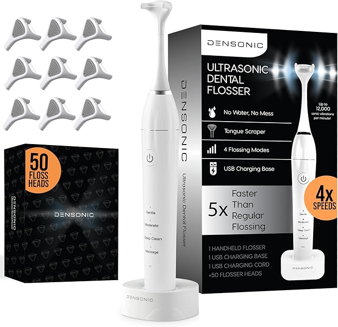 Electric Flosser Kit with Tongue Scraper | No Water No Mess | Easy Gliding Dental Floss for Gentle Gum Care | Cordless Sonic Power | 50 Replaceable Heads [Glacier White]